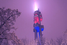 Zizkov Tower covered in snow - speed dating events are held here